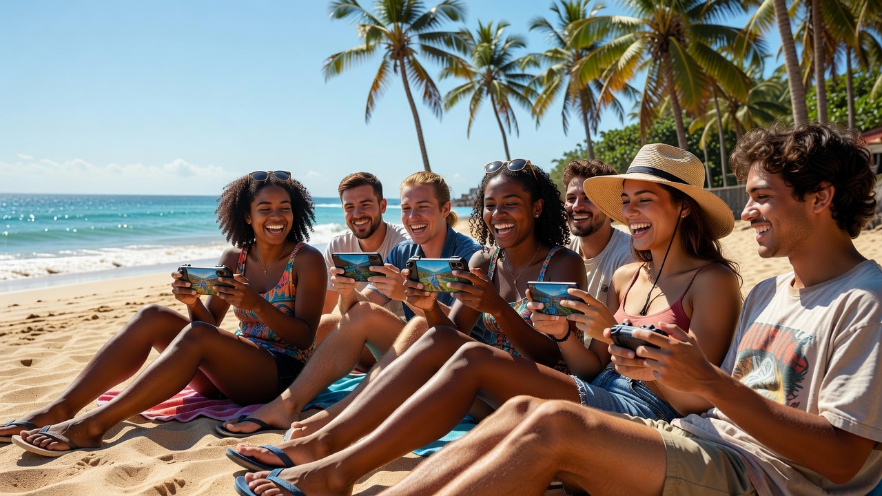 Friends gaming on a tropical beach